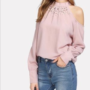 Faux pearl open shoulder tie back blouse